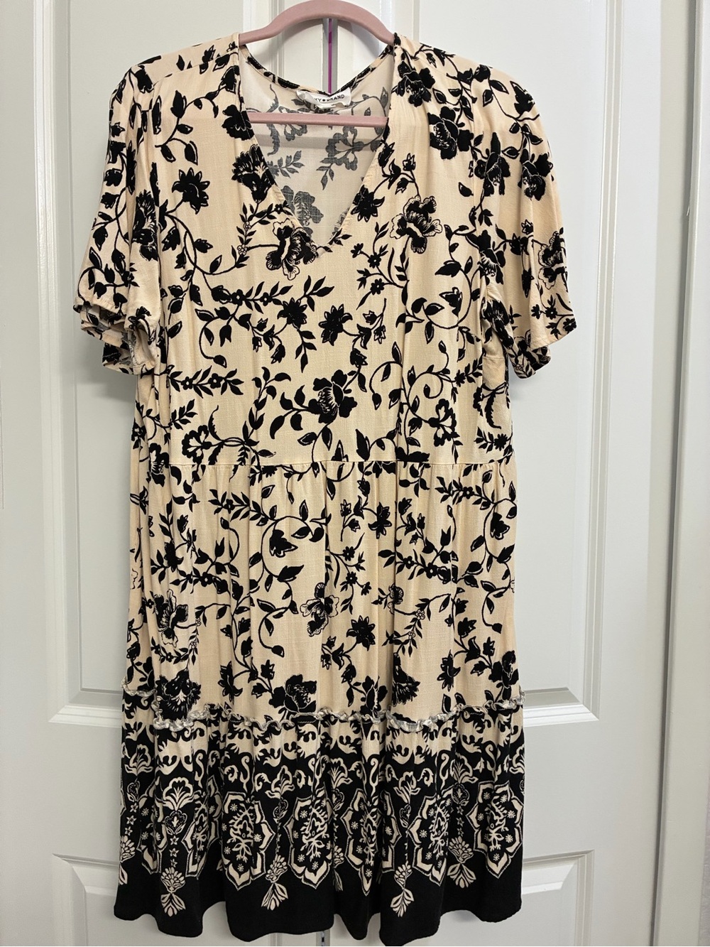Lucky Brand Cream Dress with Black Floral Border
